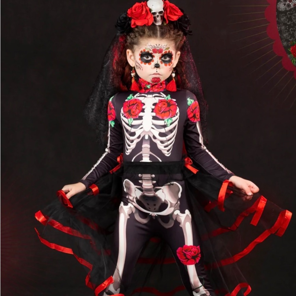 Mia Belle 5T Day of the Dead Costume. Rose Skeleton Bodysuit and Tulle Skirt
